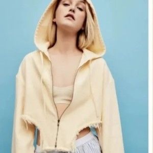 Zara small butter yellow frayed cropped asymmetrical hoodie